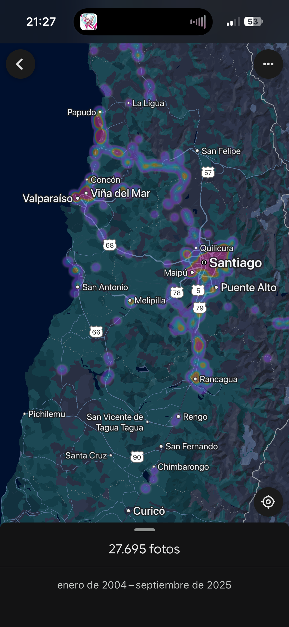 Captura de Google Photos en iOS con mapa de calor de las fotografías guardadas